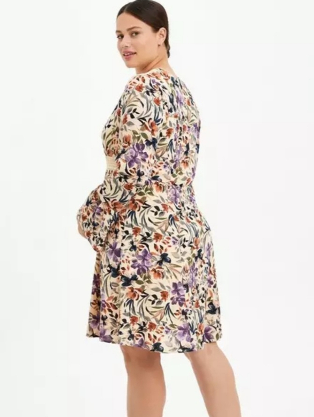 Torrid Mini Gauze Lace Up Skater Dress In Cream Floral - Picture 3 of 10